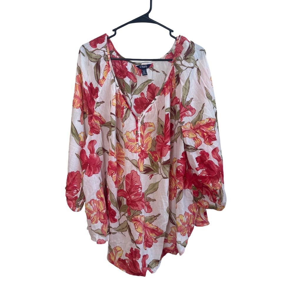 Chaps Denim Womens 3X Floral Henley Peasant Blouse Red Orange Tropical Gauze Top
